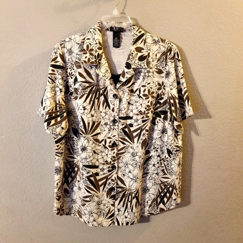 Maggie Barnes Womens Beige/Black/Brown‎ Floral Short Sleeve Button Up Top 16W